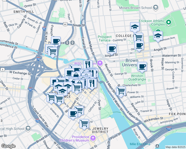 map of restaurants, bars, coffee shops, grocery stores, and more near 17 Custom House Street in Providence