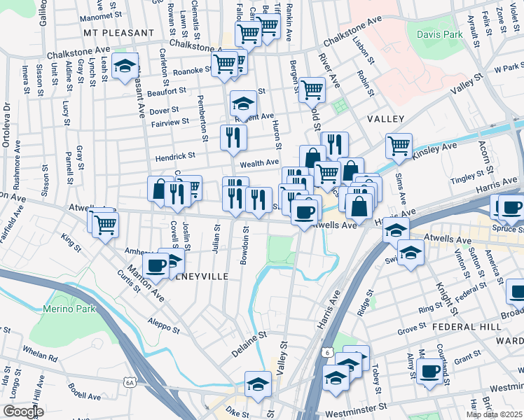 map of restaurants, bars, coffee shops, grocery stores, and more near 758 Atwells Avenue in Providence