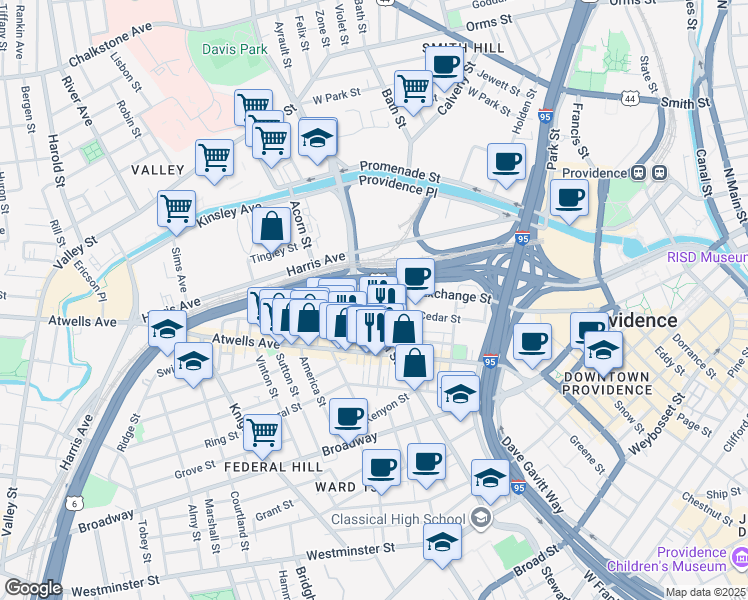 map of restaurants, bars, coffee shops, grocery stores, and more near 124 Cedar Street in Providence