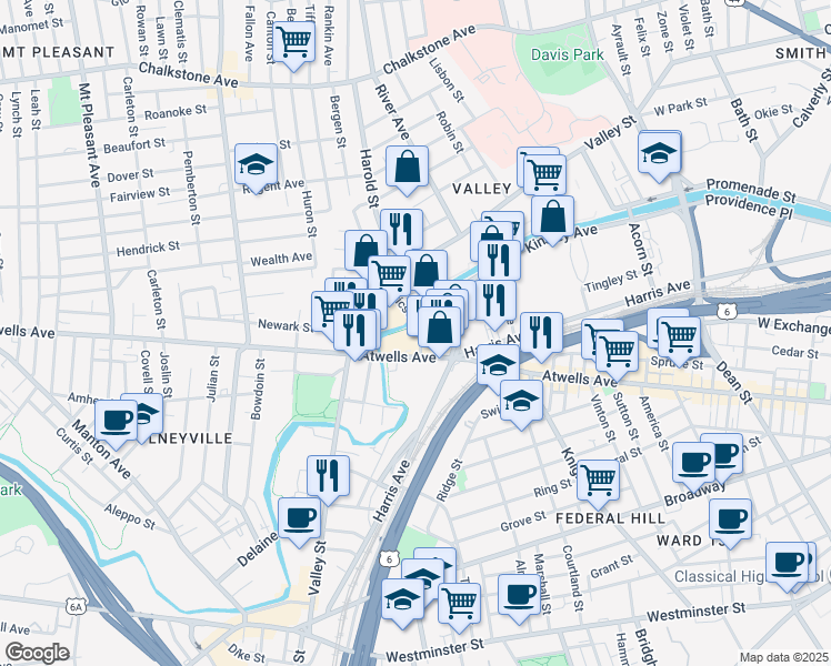 map of restaurants, bars, coffee shops, grocery stores, and more near 589 Atwells Avenue in Providence
