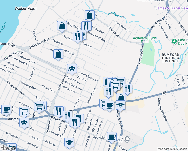 map of restaurants, bars, coffee shops, grocery stores, and more near 75 What Cheer Avenue in East Providence