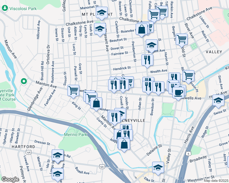 map of restaurants, bars, coffee shops, grocery stores, and more near 36 Amsterdam Street in Providence
