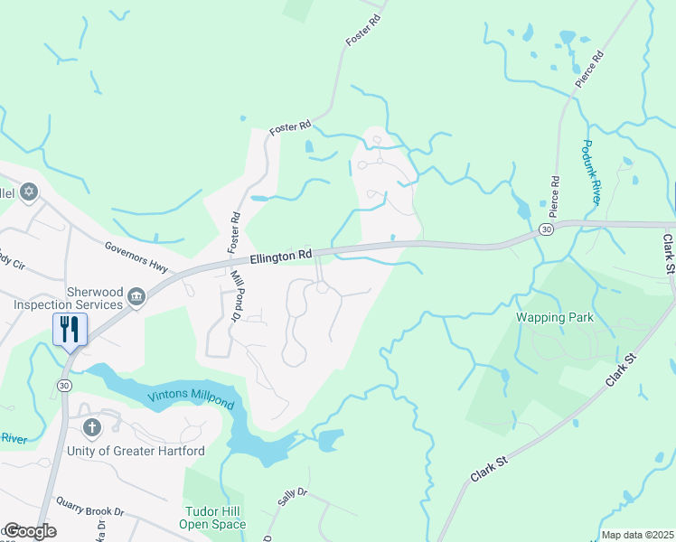 map of restaurants, bars, coffee shops, grocery stores, and more near 166 Candlewood Drive in South Windsor