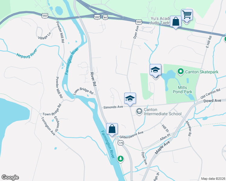 map of restaurants, bars, coffee shops, grocery stores, and more near 107 Timber Lane in Canton