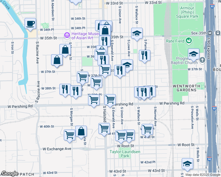 map of restaurants, bars, coffee shops, grocery stores, and more near 3824 South Emerald Avenue in Chicago