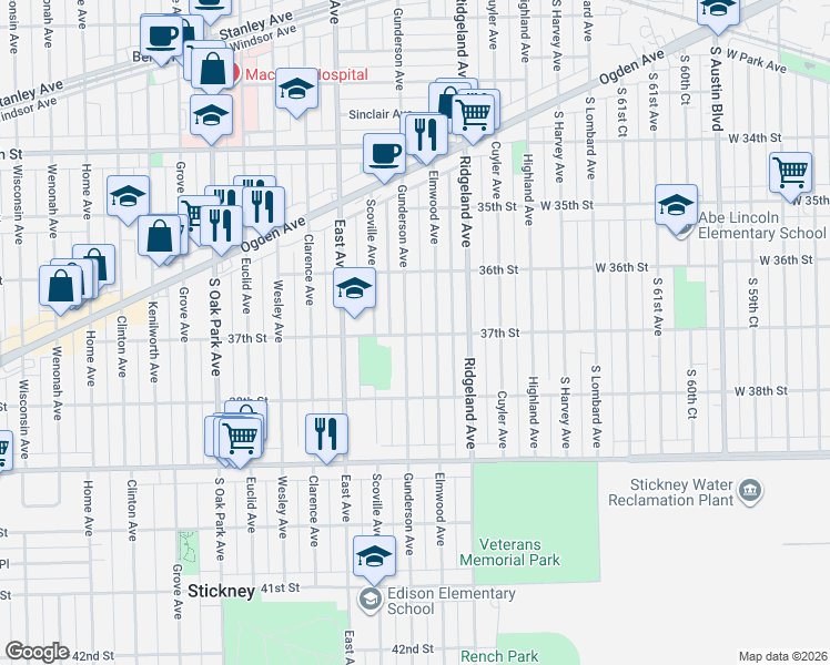 map of restaurants, bars, coffee shops, grocery stores, and more near 3714 Elmwood Avenue in Berwyn