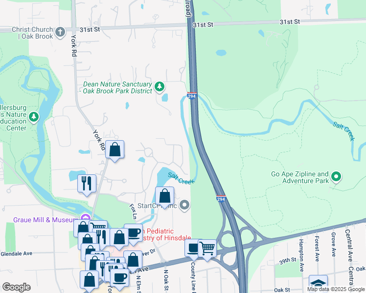 map of restaurants, bars, coffee shops, grocery stores, and more near 1302 Hawthorne Lane in Hinsdale