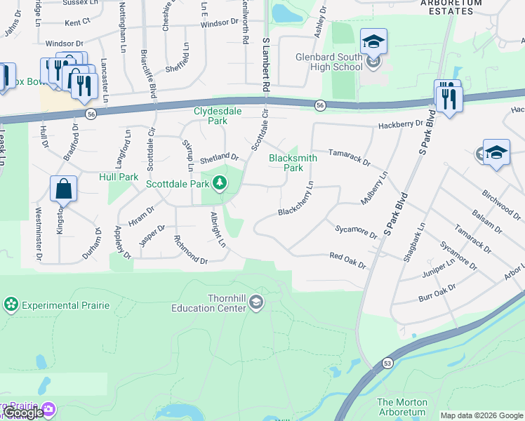 map of restaurants, bars, coffee shops, grocery stores, and more near 23W205 Blackcherry Lane in Glen Ellyn