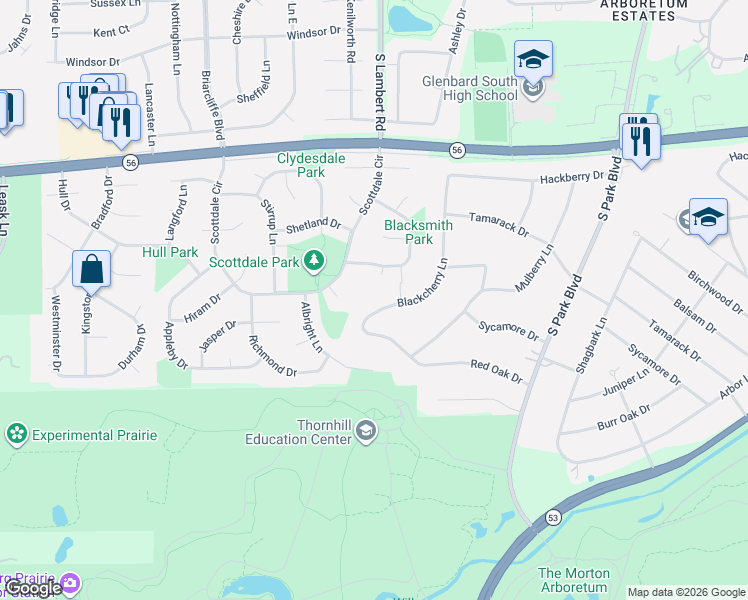 map of restaurants, bars, coffee shops, grocery stores, and more near 23W205 Blackcherry Lane in Glen Ellyn