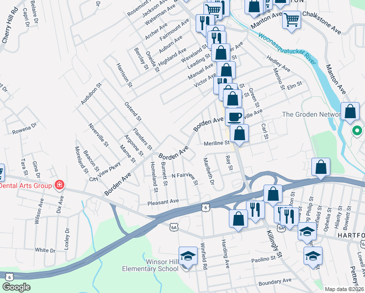 map of restaurants, bars, coffee shops, grocery stores, and more near 66 North Williams Street in Johnston