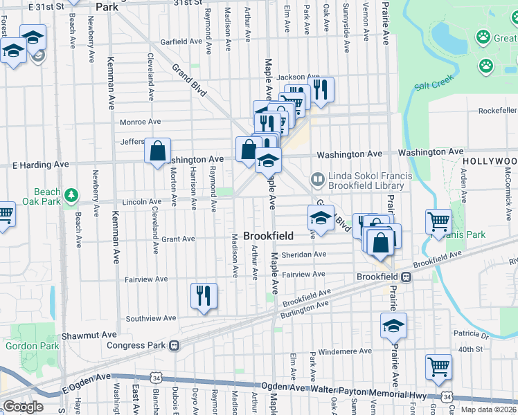 map of restaurants, bars, coffee shops, grocery stores, and more near in Brookfield
