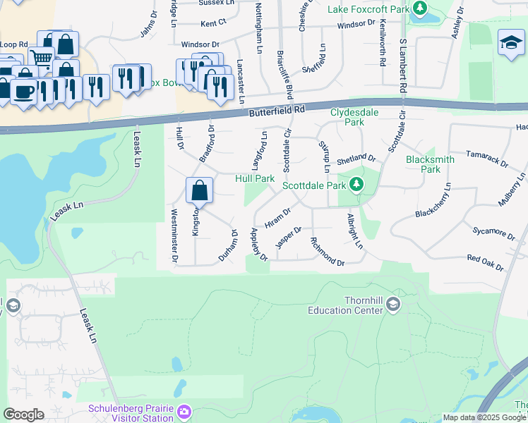 map of restaurants, bars, coffee shops, grocery stores, and more near 2287 Hiram Drive in Wheaton