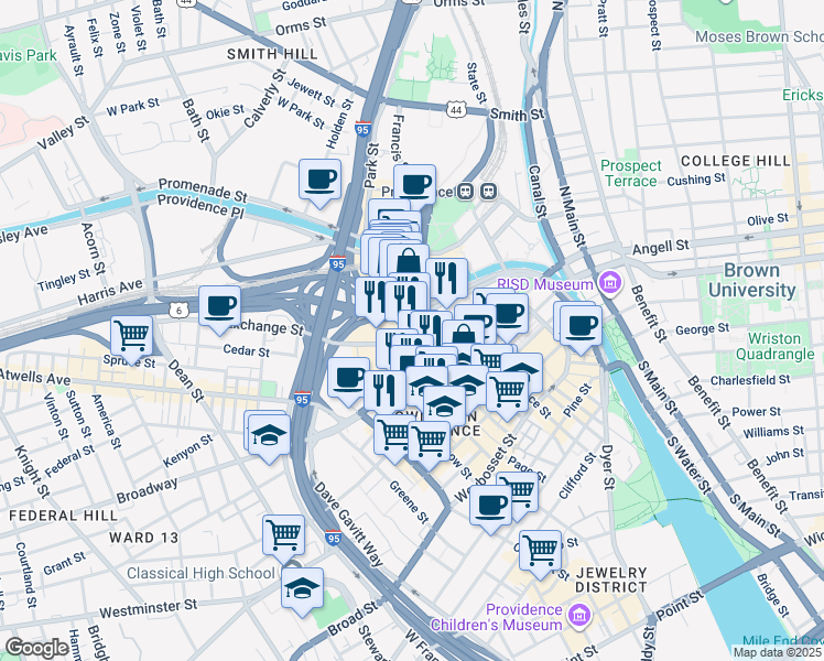map of restaurants, bars, coffee shops, grocery stores, and more near 1 West Exchange Street in Providence