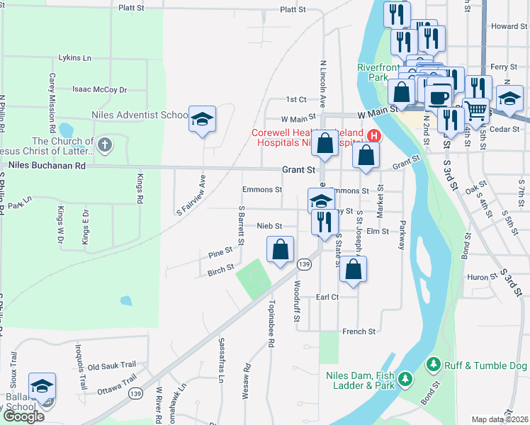 map of restaurants, bars, coffee shops, grocery stores, and more near 802 Clay Street in Niles
