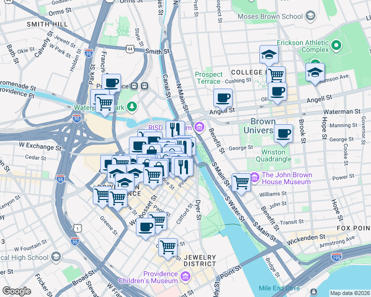 map of restaurants, bars, coffee shops, grocery stores, and more near 17 Custom House Street in Providence