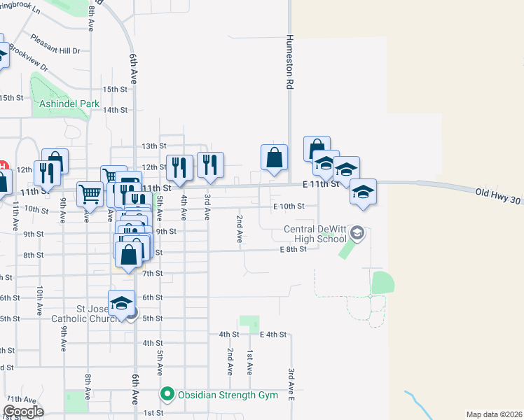 map of restaurants, bars, coffee shops, grocery stores, and more near 209 East 10th Street in DeWitt