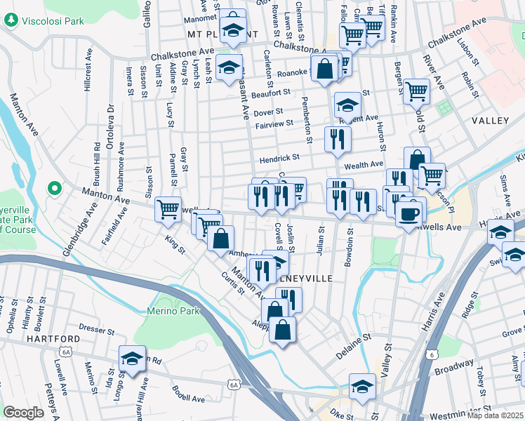 map of restaurants, bars, coffee shops, grocery stores, and more near 30 Mongenais Street in Providence