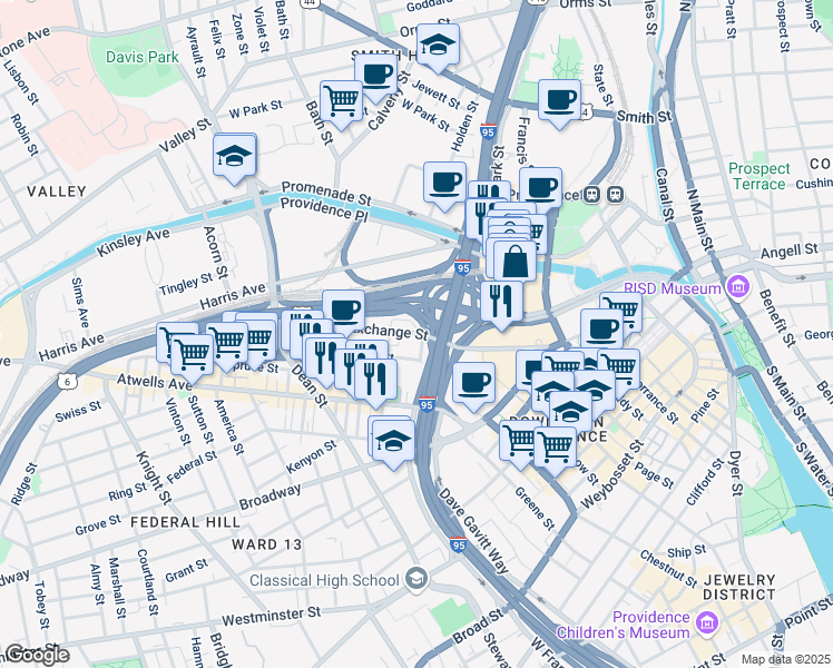 map of restaurants, bars, coffee shops, grocery stores, and more near West Exchange Street in Providence