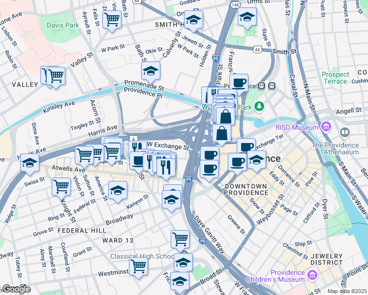 map of restaurants, bars, coffee shops, grocery stores, and more near West Exchange Street in Providence