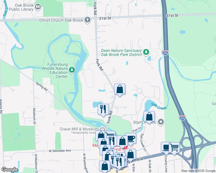 map of restaurants, bars, coffee shops, grocery stores, and more near 2 York Lake Court in Oak Brook