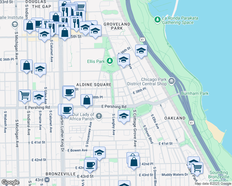 map of restaurants, bars, coffee shops, grocery stores, and more near 720 East 38th Street in Chicago