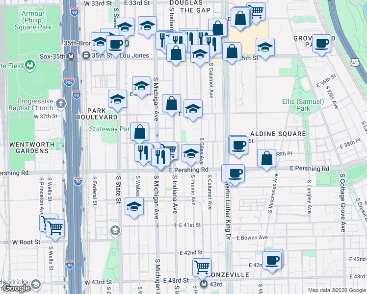 map of restaurants, bars, coffee shops, grocery stores, and more near 3748 South Prairie Avenue in Chicago