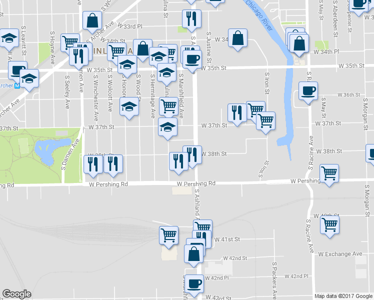 map of restaurants, bars, coffee shops, grocery stores, and more near 1616 West 37th Place in Chicago