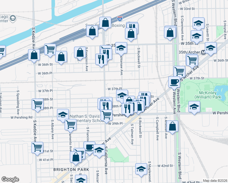 map of restaurants, bars, coffee shops, grocery stores, and more near 2716 West 37th Place in Chicago