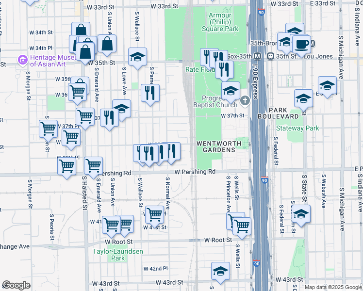 map of restaurants, bars, coffee shops, grocery stores, and more near 431 West 37th Place in Chicago