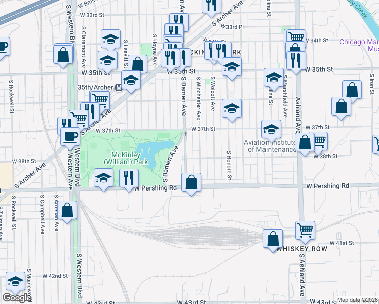 map of restaurants, bars, coffee shops, grocery stores, and more near 3723 South Damen Avenue in Chicago