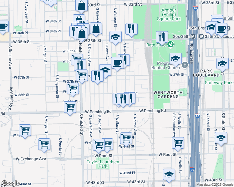 map of restaurants, bars, coffee shops, grocery stores, and more near S Wallace St & W 38th St in Chicago