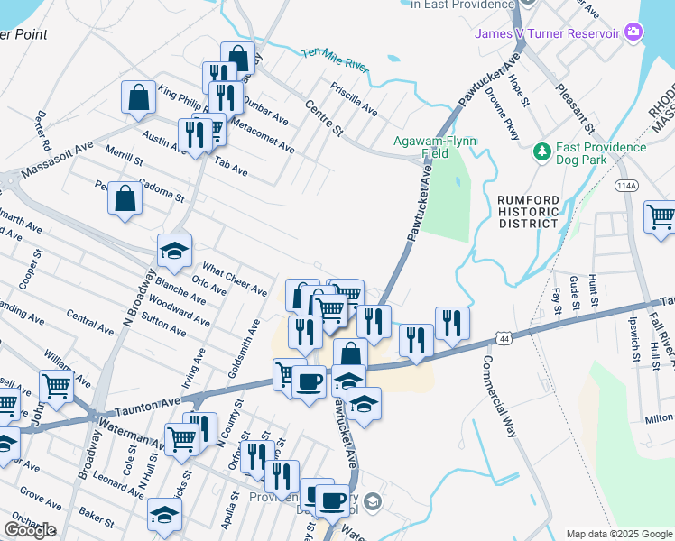 map of restaurants, bars, coffee shops, grocery stores, and more near 10 Office Parkway in East Providence