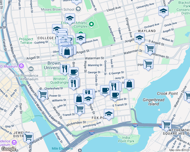 map of restaurants, bars, coffee shops, grocery stores, and more near 110 Benevolent Street in Providence