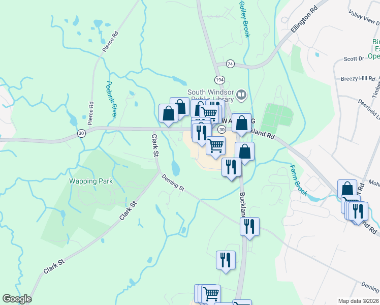 map of restaurants, bars, coffee shops, grocery stores, and more near 1715 Ellington Road in South Windsor