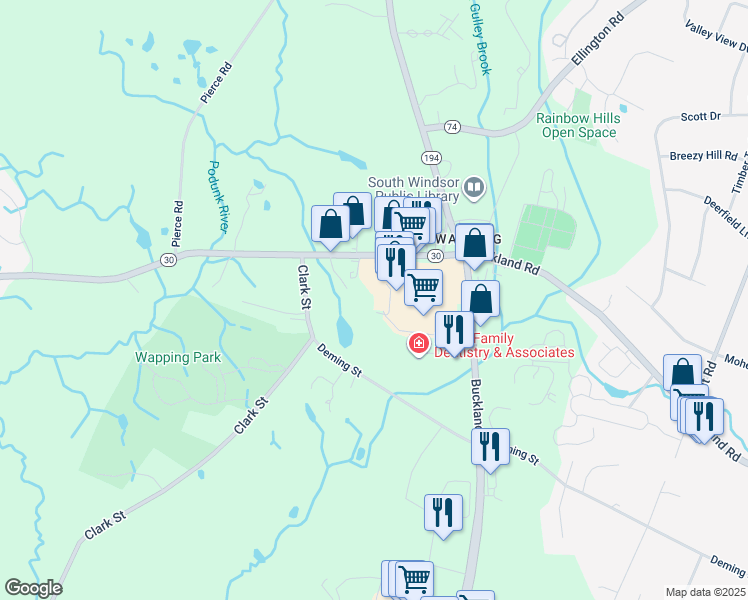 map of restaurants, bars, coffee shops, grocery stores, and more near 1715 Ellington Road in South Windsor
