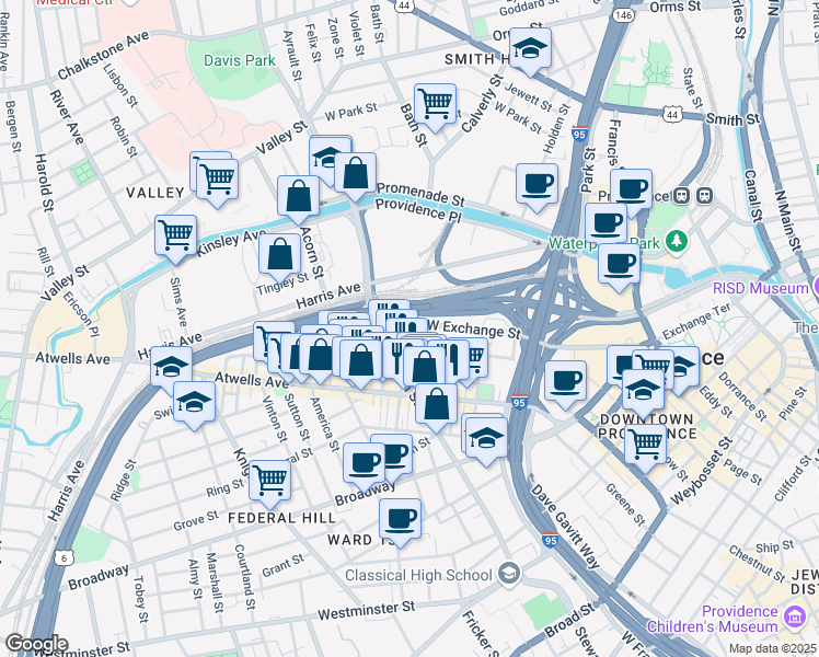map of restaurants, bars, coffee shops, grocery stores, and more near Rte 6 in Providence