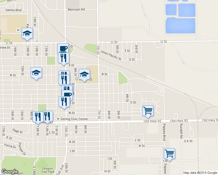 map of restaurants, bars, coffee shops, grocery stores, and more near 1635 6th Street in Gering