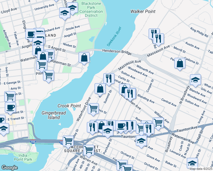 map of restaurants, bars, coffee shops, grocery stores, and more near 10 Birch Street in East Providence