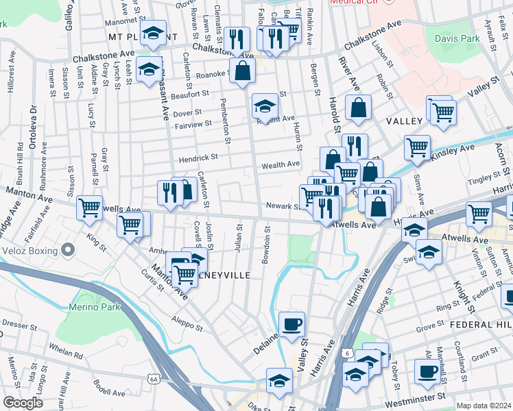 map of restaurants, bars, coffee shops, grocery stores, and more near 47 Academy Avenue in Providence