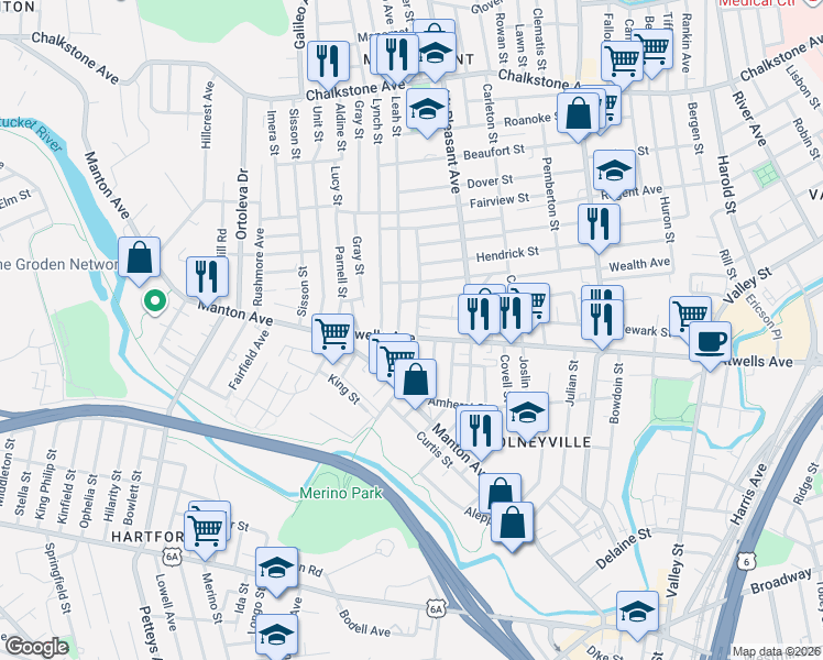 map of restaurants, bars, coffee shops, grocery stores, and more near 88 Erastus Street in Providence
