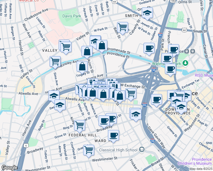 map of restaurants, bars, coffee shops, grocery stores, and more near 500 West Exchange Street in Providence