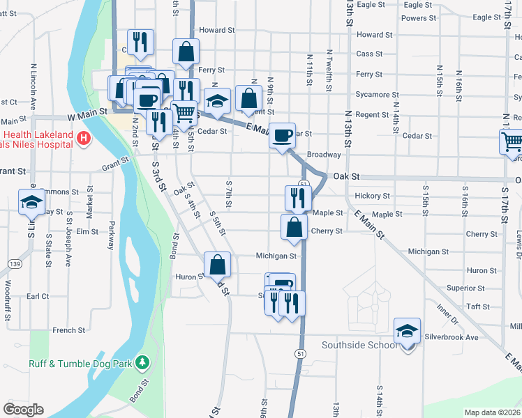 map of restaurants, bars, coffee shops, grocery stores, and more near 740 Hickory Street in Niles