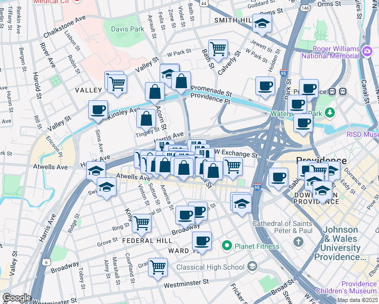 map of restaurants, bars, coffee shops, grocery stores, and more near 500 West Exchange Street in Providence