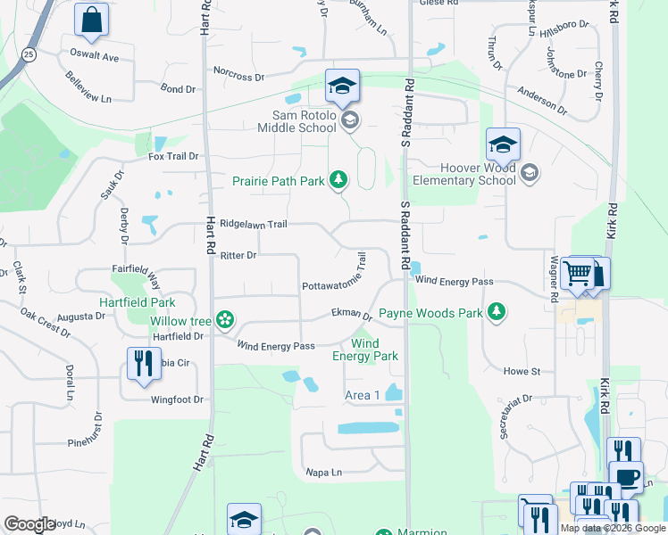 map of restaurants, bars, coffee shops, grocery stores, and more near 1835 Burnell Court in Batavia