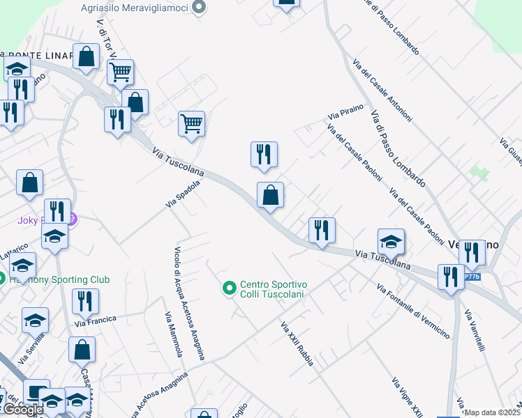 map of restaurants, bars, coffee shops, grocery stores, and more near 70 Via Tuscolana in Roma