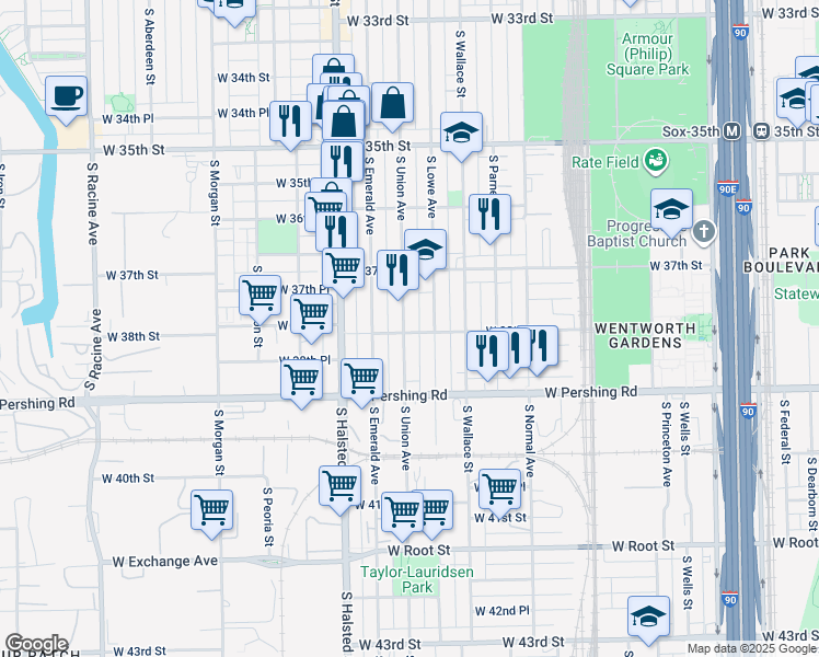 map of restaurants, bars, coffee shops, grocery stores, and more near 3759 South Union Avenue in Chicago