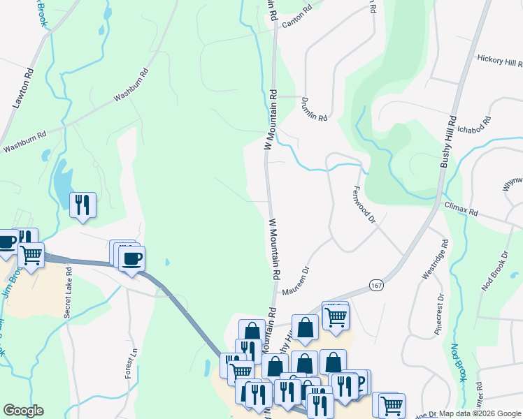 map of restaurants, bars, coffee shops, grocery stores, and more near 366 West Mountain Road in Simsbury