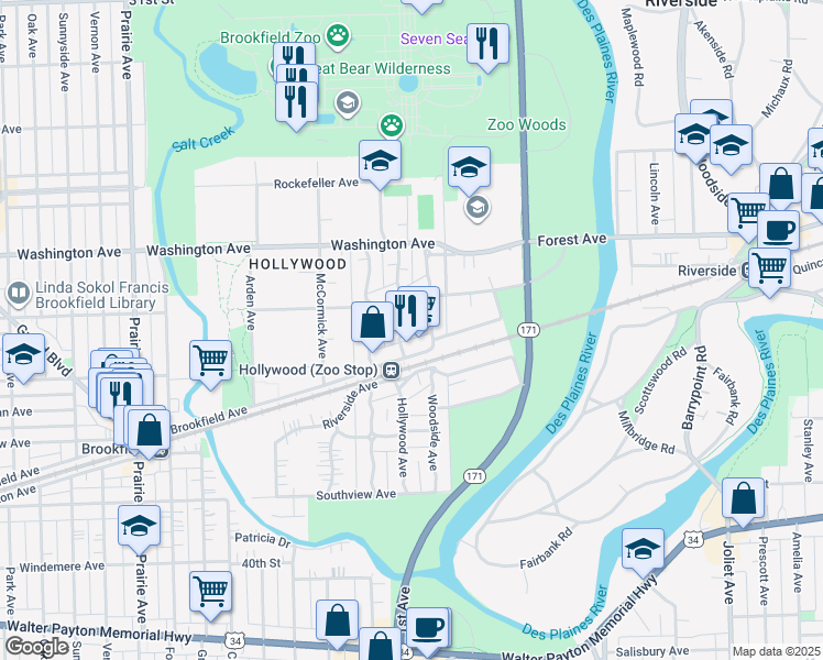 map of restaurants, bars, coffee shops, grocery stores, and more near 3604 Hollywood Avenue in Brookfield