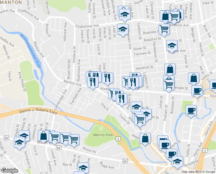 map of restaurants, bars, coffee shops, grocery stores, and more near 1049 Atwells Ave in Providence