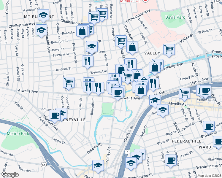 map of restaurants, bars, coffee shops, grocery stores, and more near 33 Turner Street in Providence